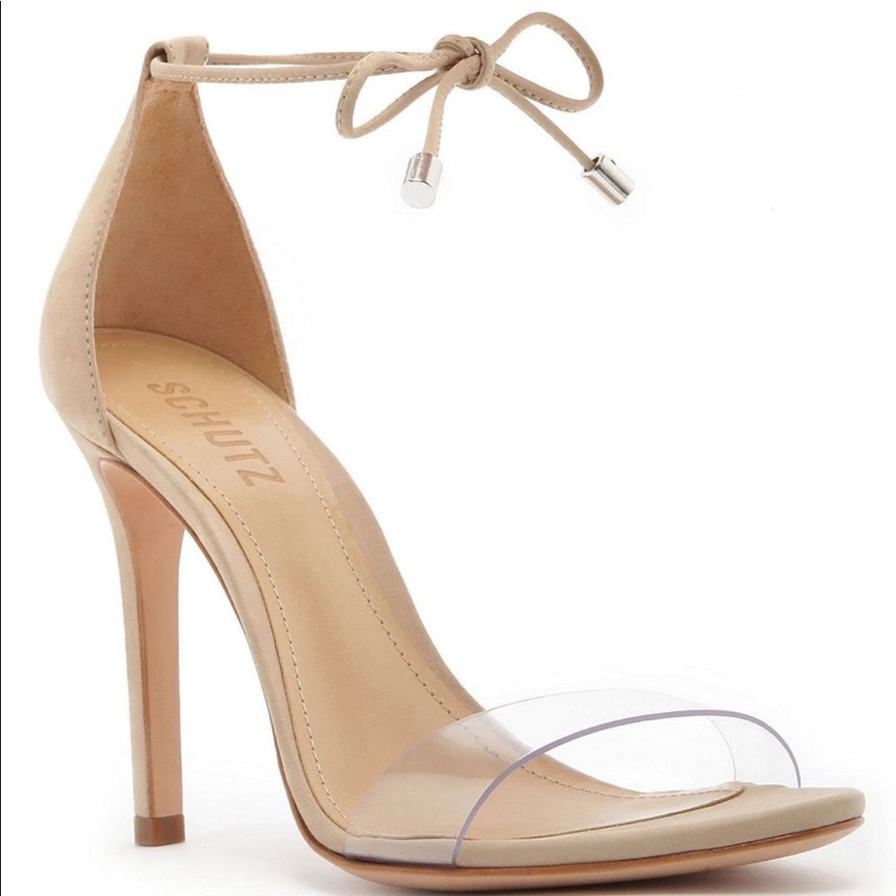 Schutz Jossena Leather & Clear Strap Ankle Wrap Dress Sandals, size 7